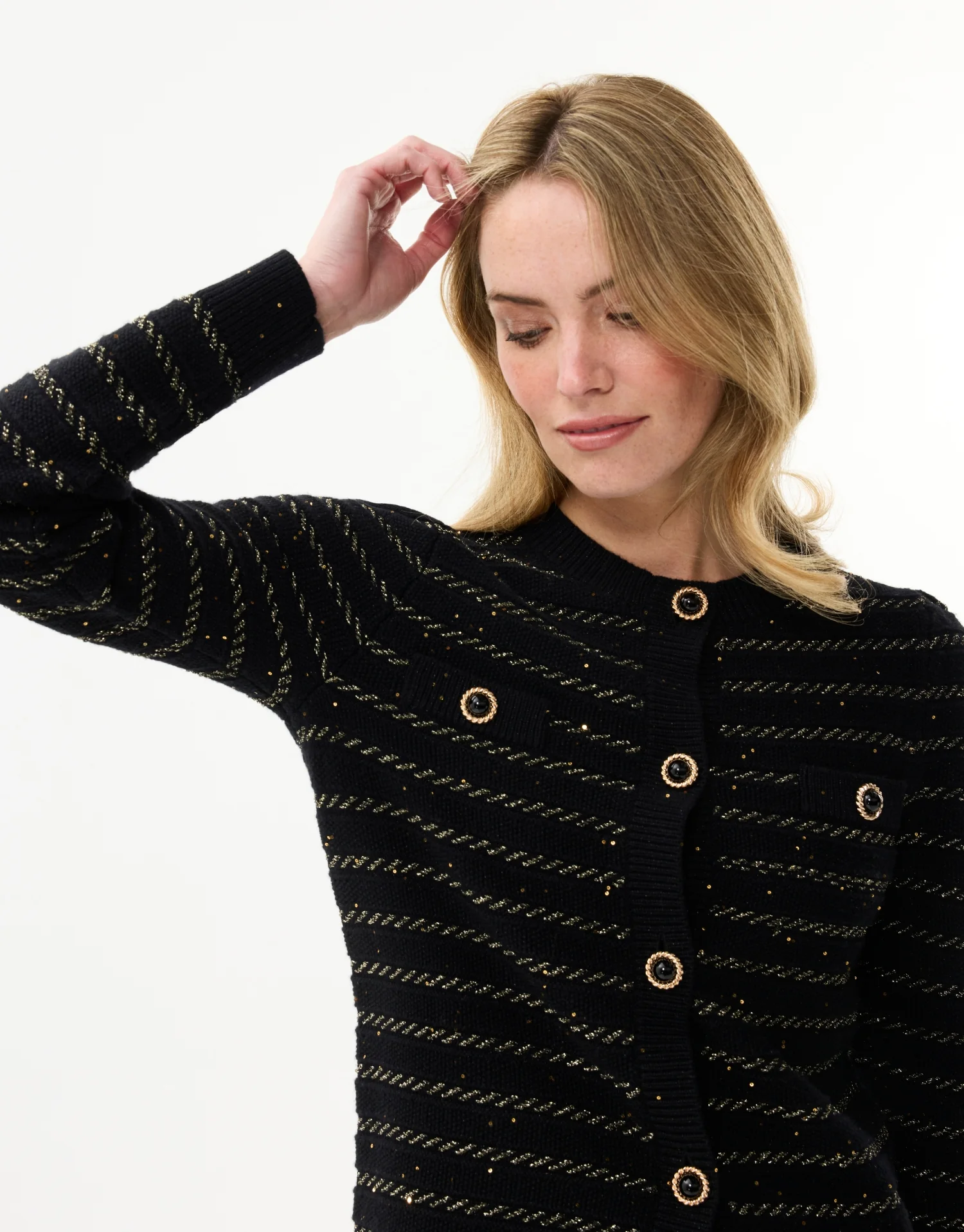 Cardigan noir à rayures dorées - Image 2