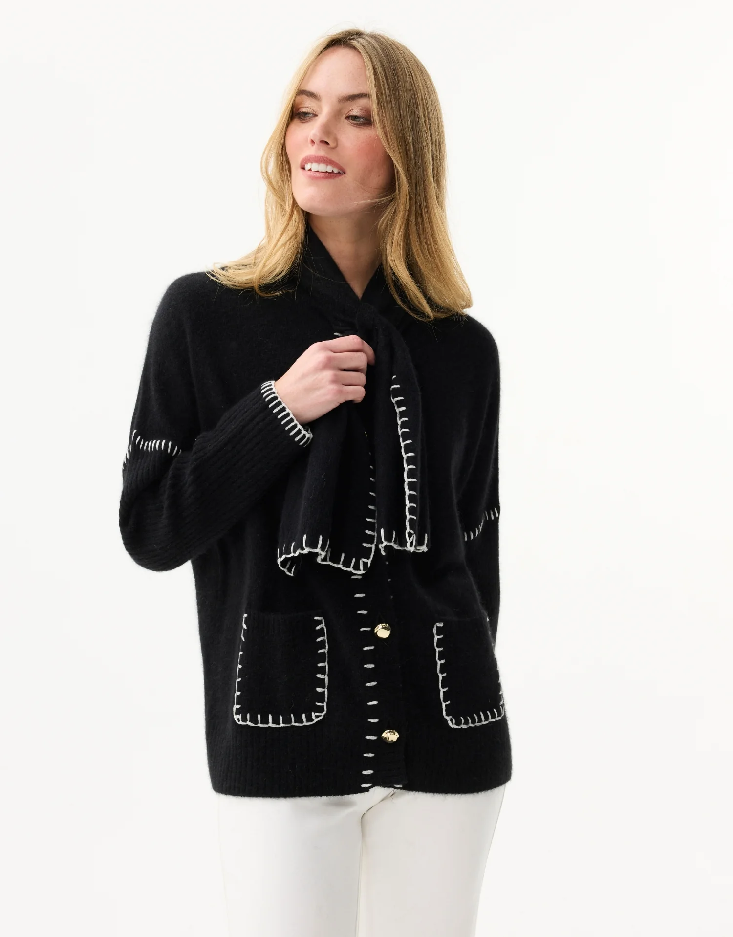 Cardigan noir à surpiqûres contrastées - Image 5