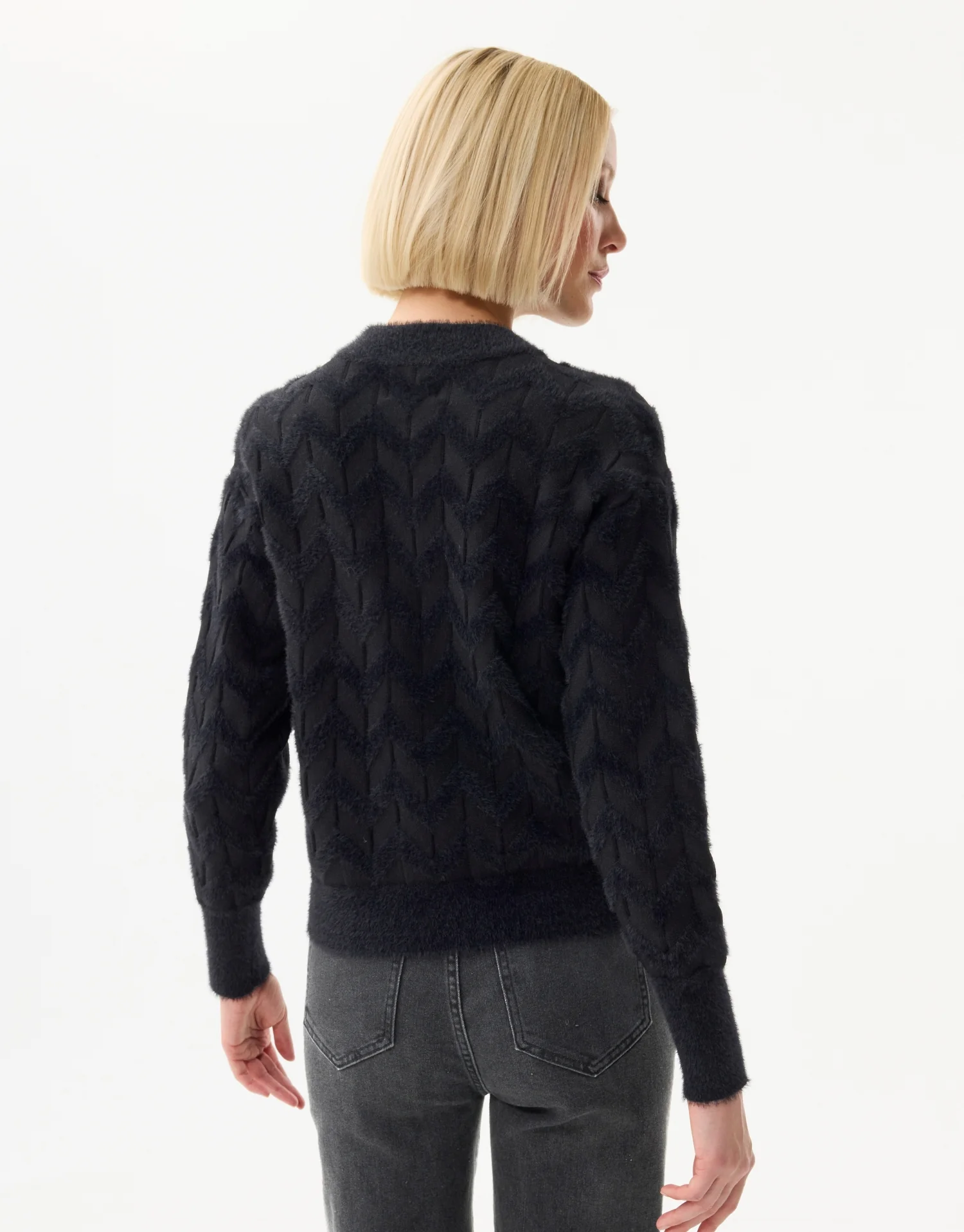 Cardigan texturé à chevrons noir - Image 3