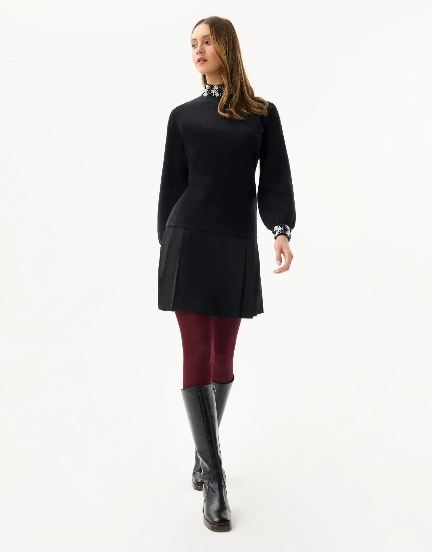 Pull à col et poignets fleuris – noir ou écru - Image 4