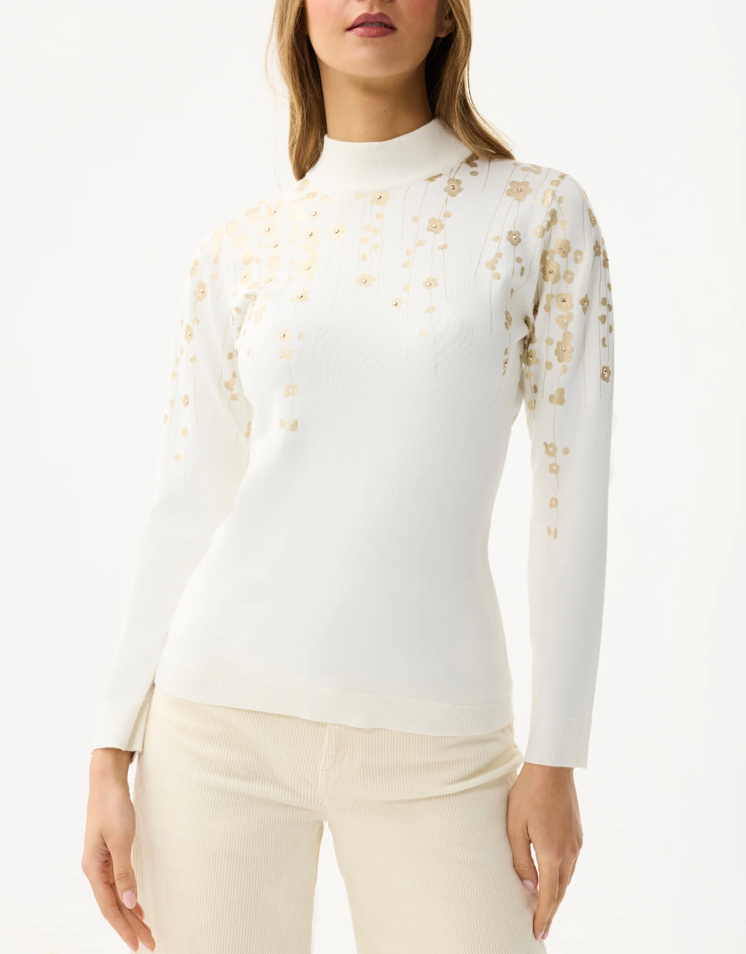 Pull à col montant motifs floraux dorés - Image 10