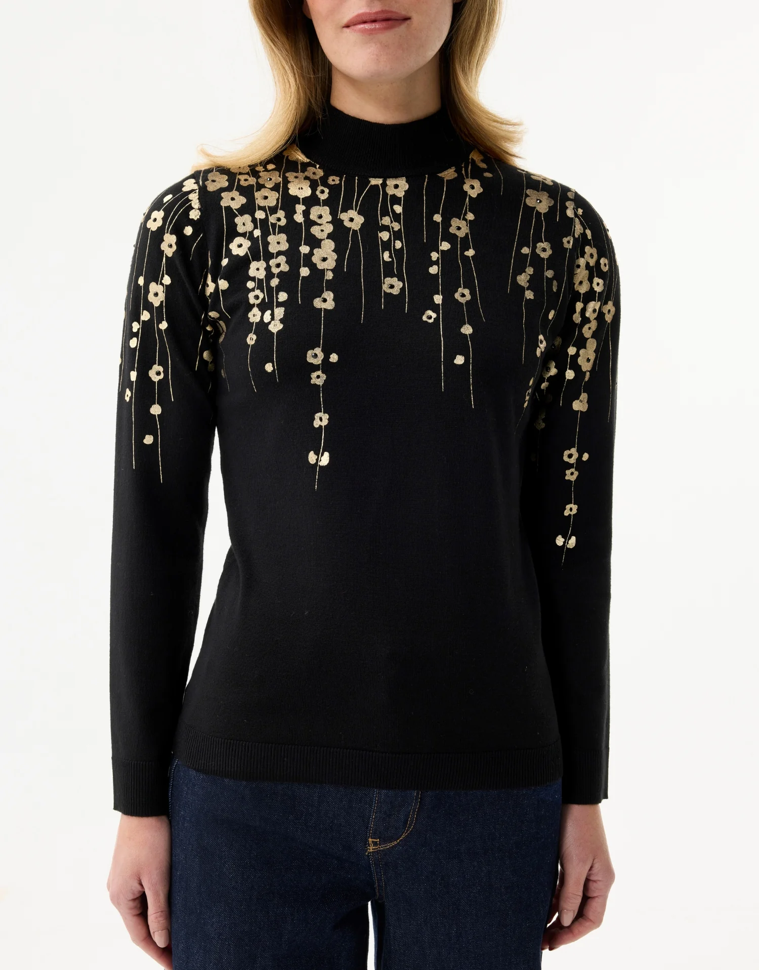 Pull à col montant motifs floraux dorés - Image 3