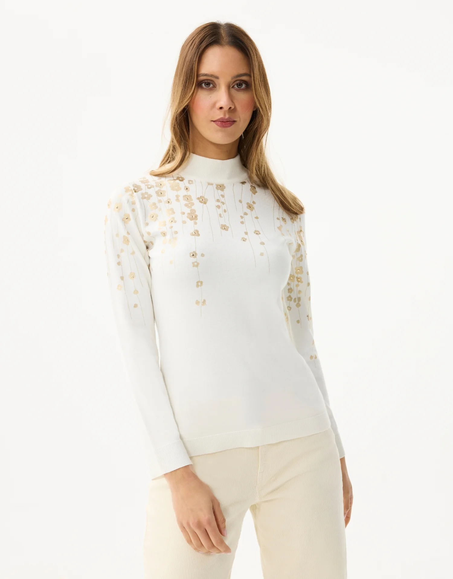 Pull à col montant motifs floraux dorés - Image 8