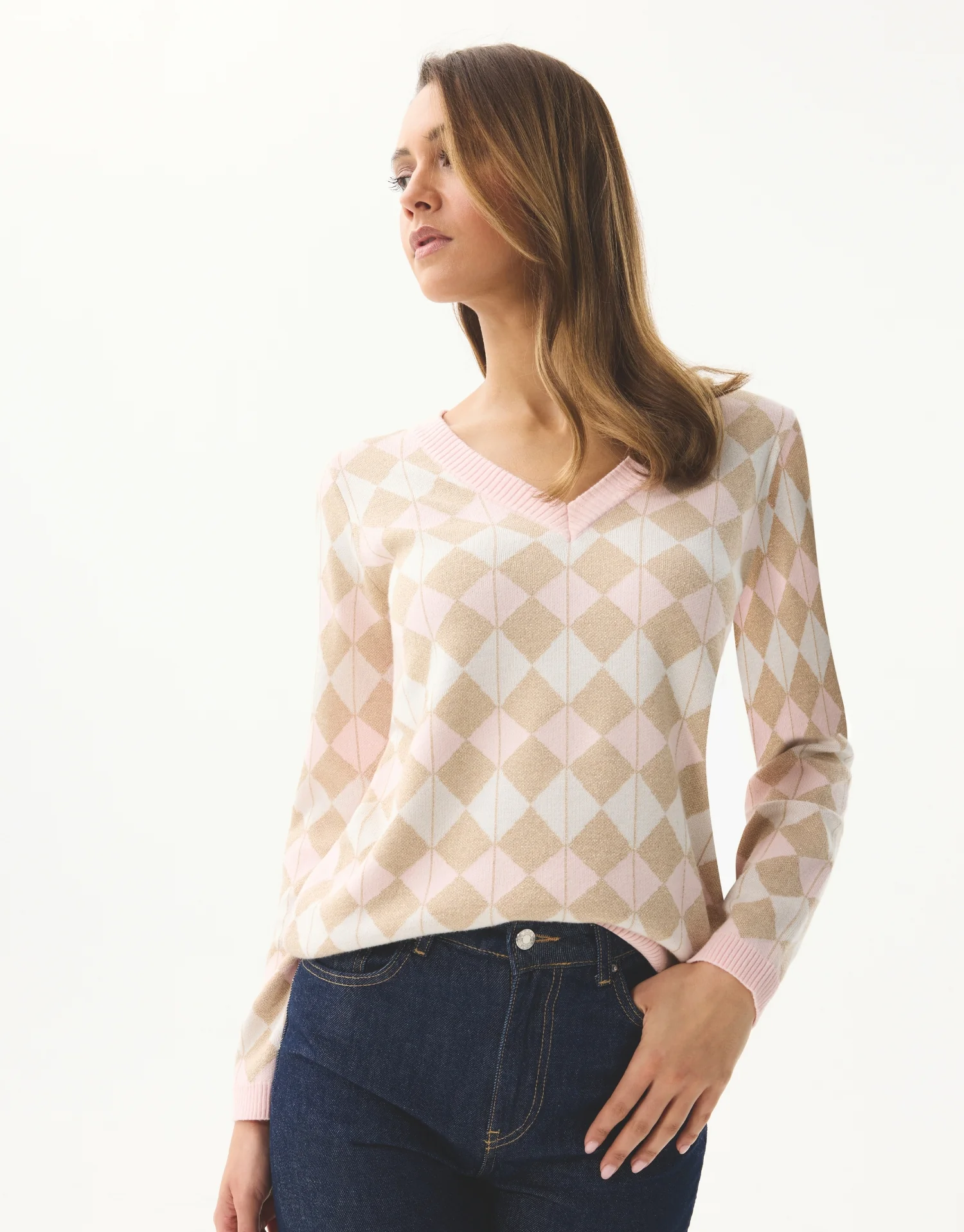 Pull à losanges pastel col V - Image 3