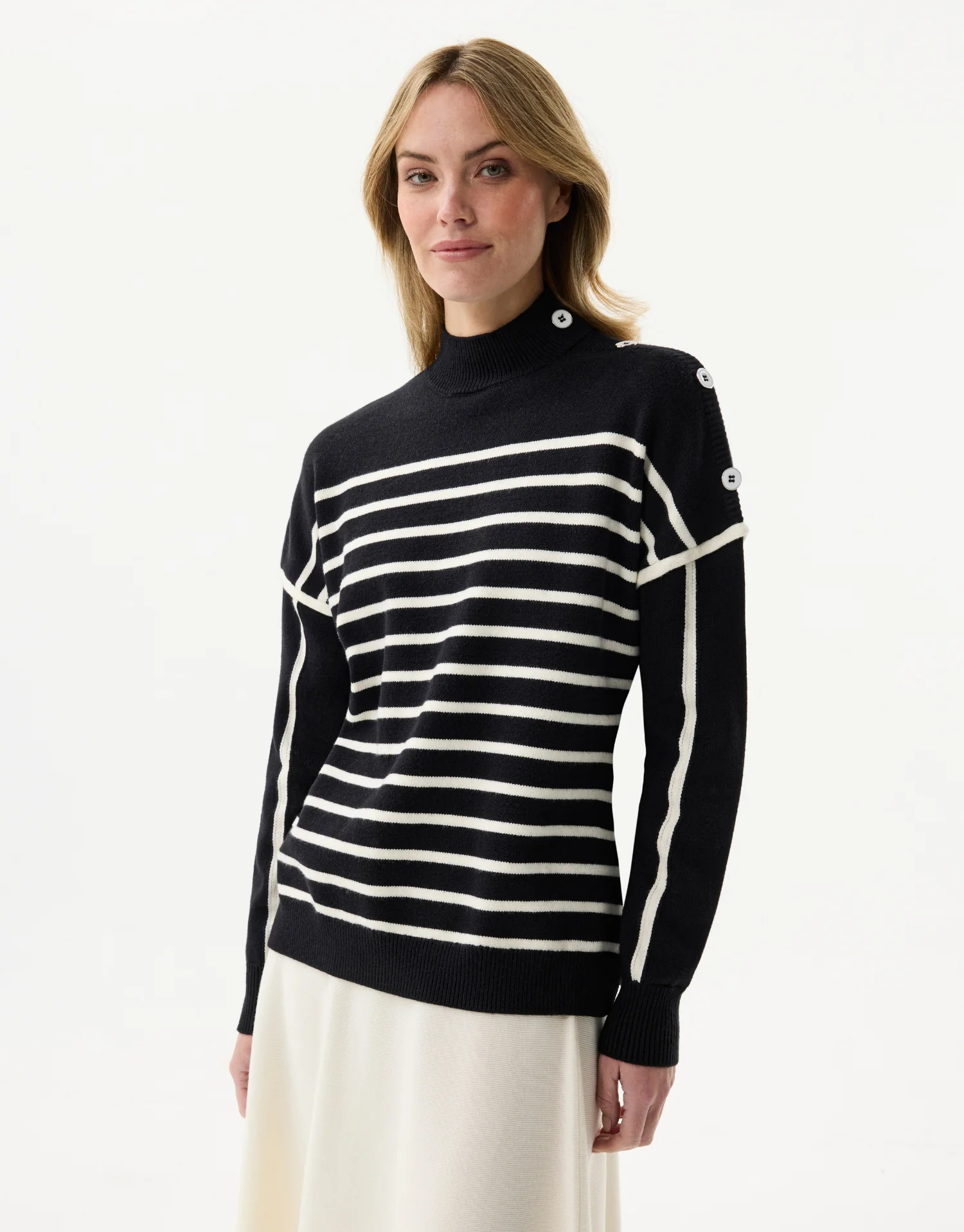 Pull à rayures avec boutons – noir et écru - Image 2