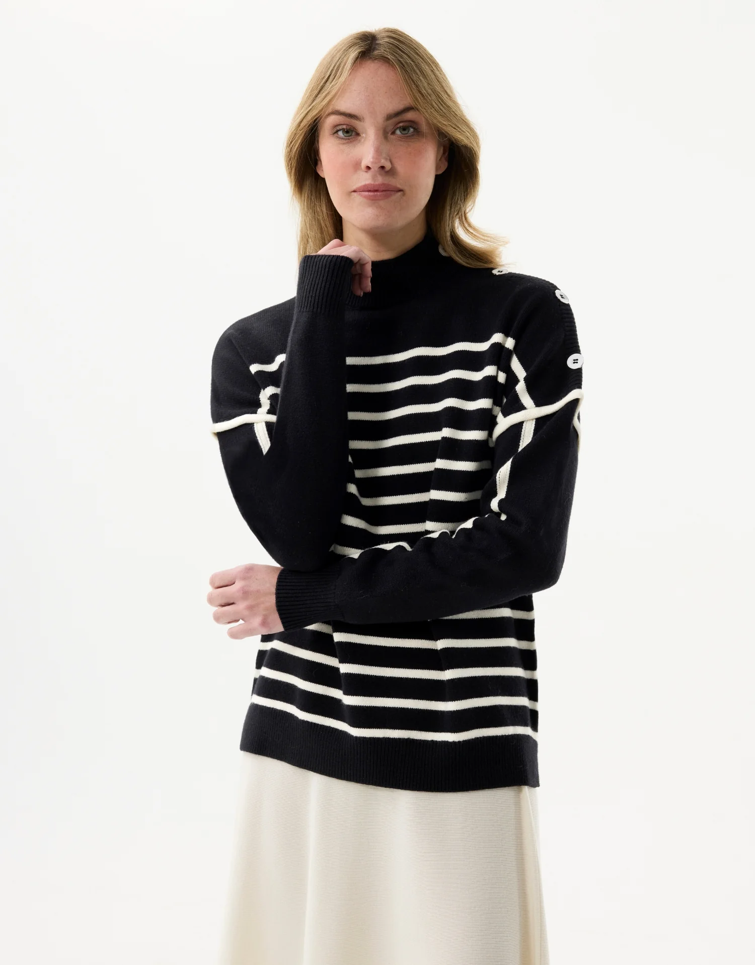 Pull à rayures avec boutons – noir et écru - Image 3