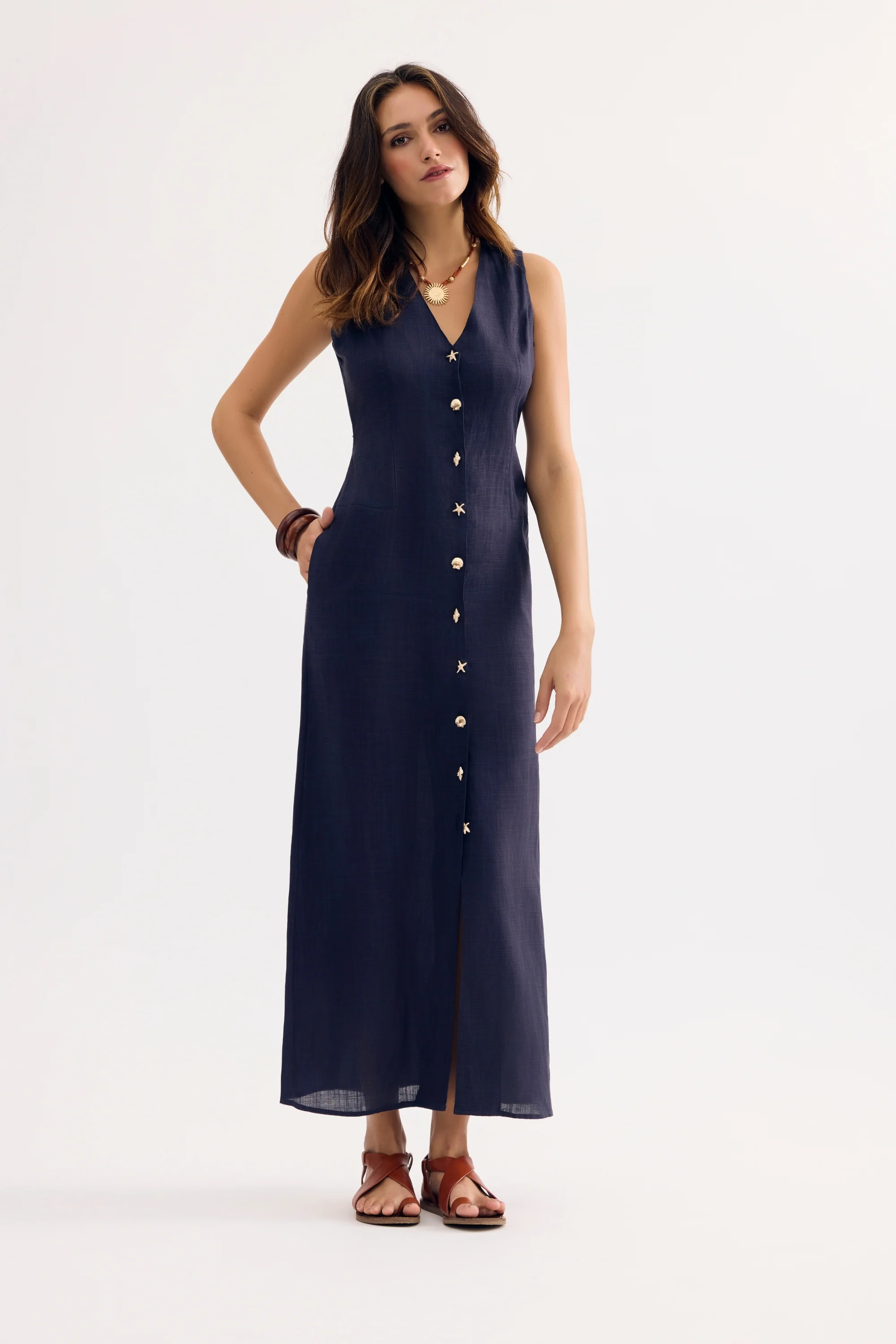 Robe longue boutonnée en lin - Image 6