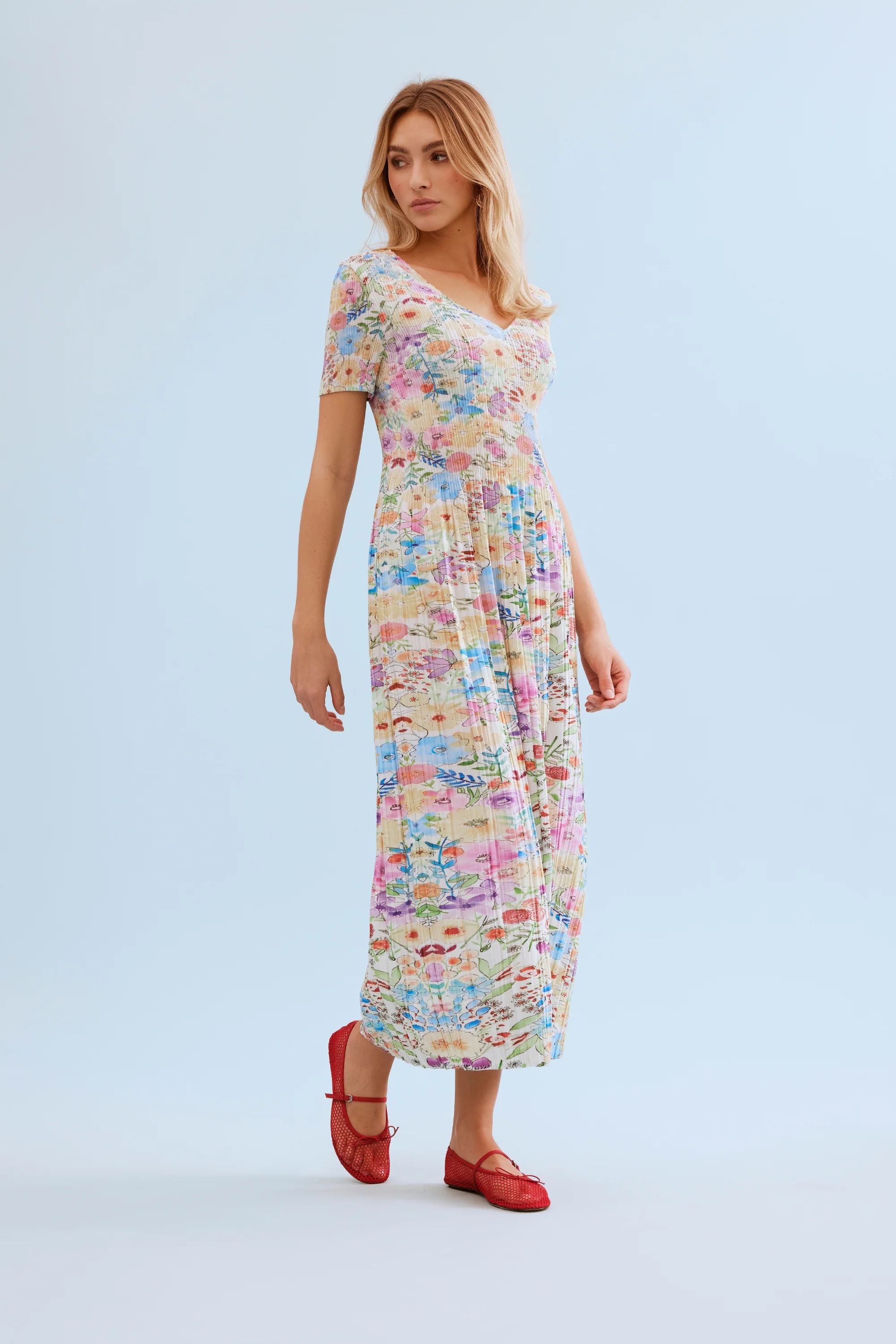 Robe midi plissée imprimée fleurs pastel - Image 3