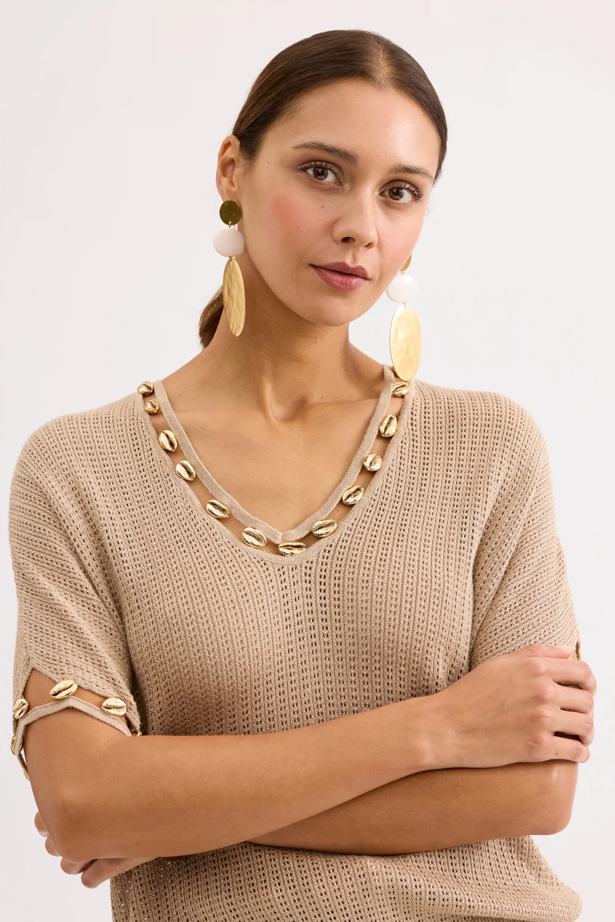 Top maille beige à détails coquillages - Image 3