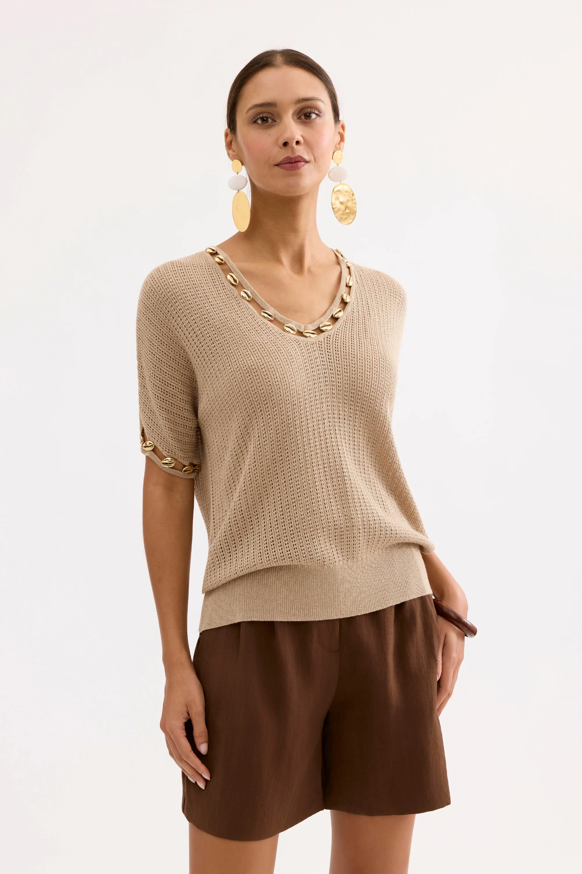 Top maille beige à détails coquillages - Image 4