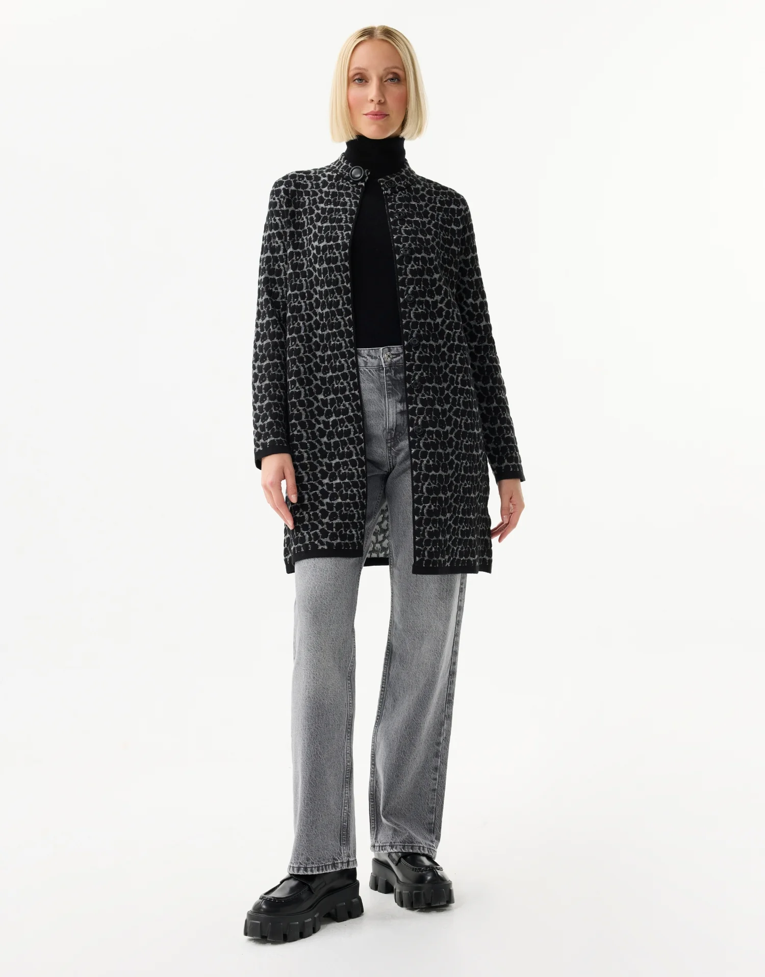 Veste longue à motif jacquard noir et gris